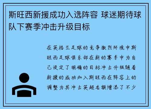 斯旺西新援成功入选阵容 球迷期待球队下赛季冲击升级目标