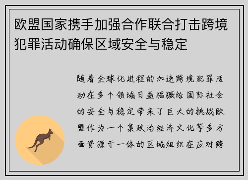 欧盟国家携手加强合作联合打击跨境犯罪活动确保区域安全与稳定