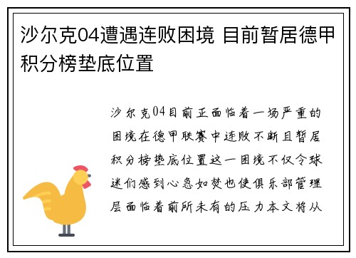 沙尔克04遭遇连败困境 目前暂居德甲积分榜垫底位置