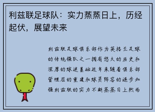 利兹联足球队：实力蒸蒸日上，历经起伏，展望未来