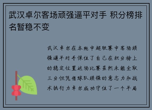 武汉卓尔客场顽强逼平对手 积分榜排名暂稳不变